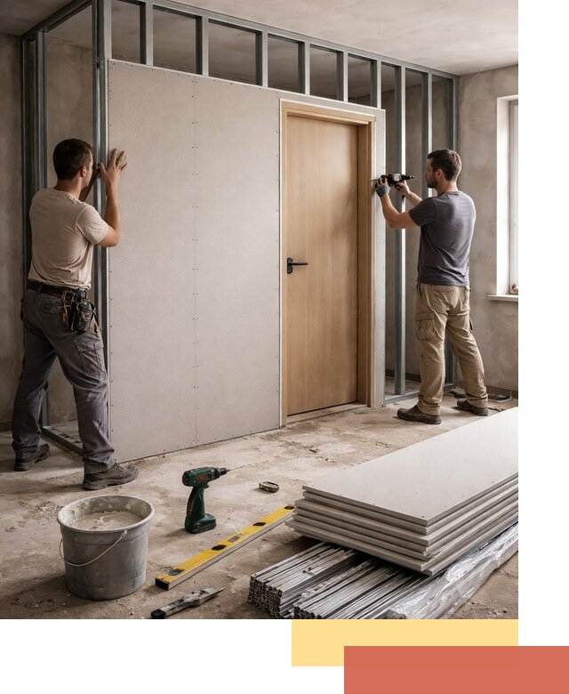 Перегородка из гипсокартона с дверью под ключ в Нурлате