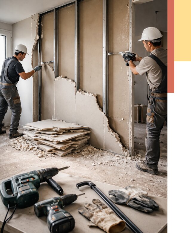 Демонтаж перегородки из гипсокартона в Нурлате от 1251 руб. быстро и недорого | ОТДЕЛОЧНИК-Нрт