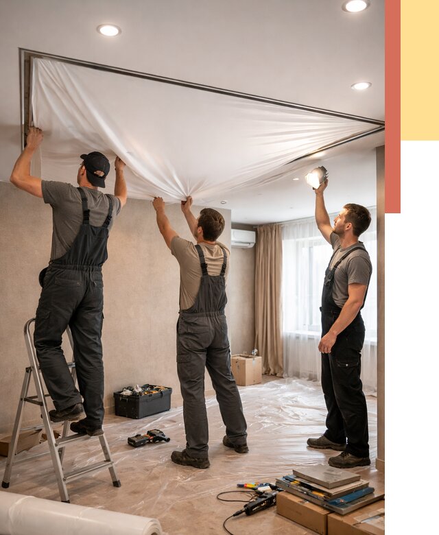 Монтаж ПВХ натяжного потолка в Нурлате от 3649 руб. под ключ | ОТДЕЛОЧНИК-Нрт