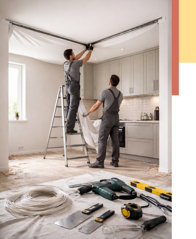 Установка натяжного потолка на кухне в Нурлате от 2502 руб. | ОТДЕЛОЧНИК-Нрт