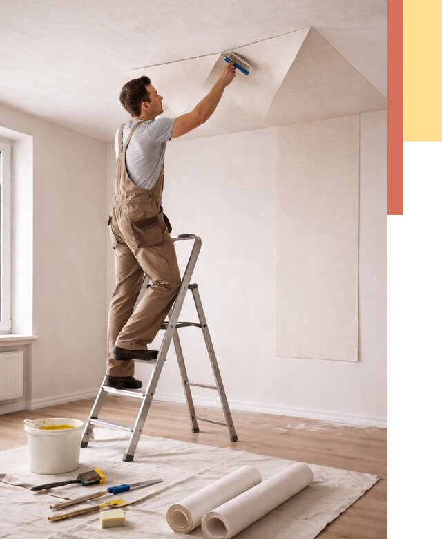 Поклейка обоев на потолок в Нурлате от 4692 руб. быстро и недорого | ОТДЕЛОЧНИК-Нрт